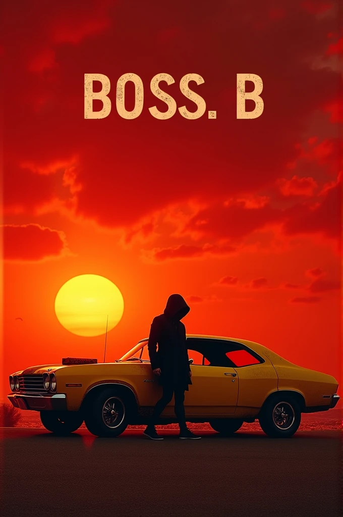 A slightly old yellow car with a red sunset, something black, dark, et le titre : BOSS B coming out 