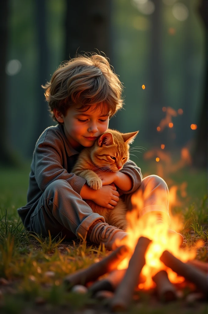 Boy sitting on the left hugging a furry cat who is sitting on his right in front of a frey