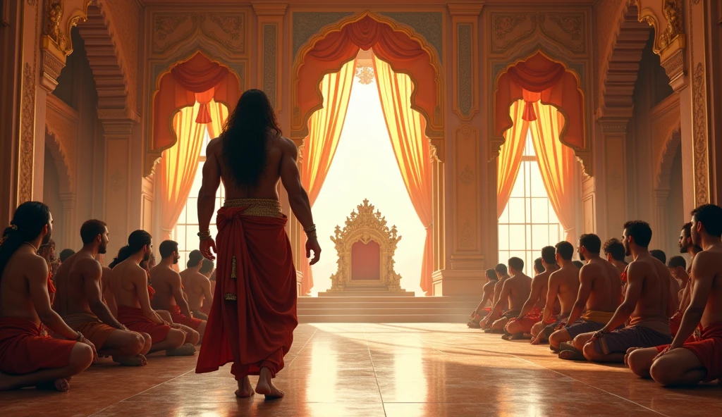 Generate a high quality interior of an indian palace with big windows without mirror and classic curtain closing, the indian  king having bodybuilder physic and long hairs  scolding and ordering his all male servents  standing with anger standing in front of them giving order, the only male servents with visible king face king is walking towards the ship