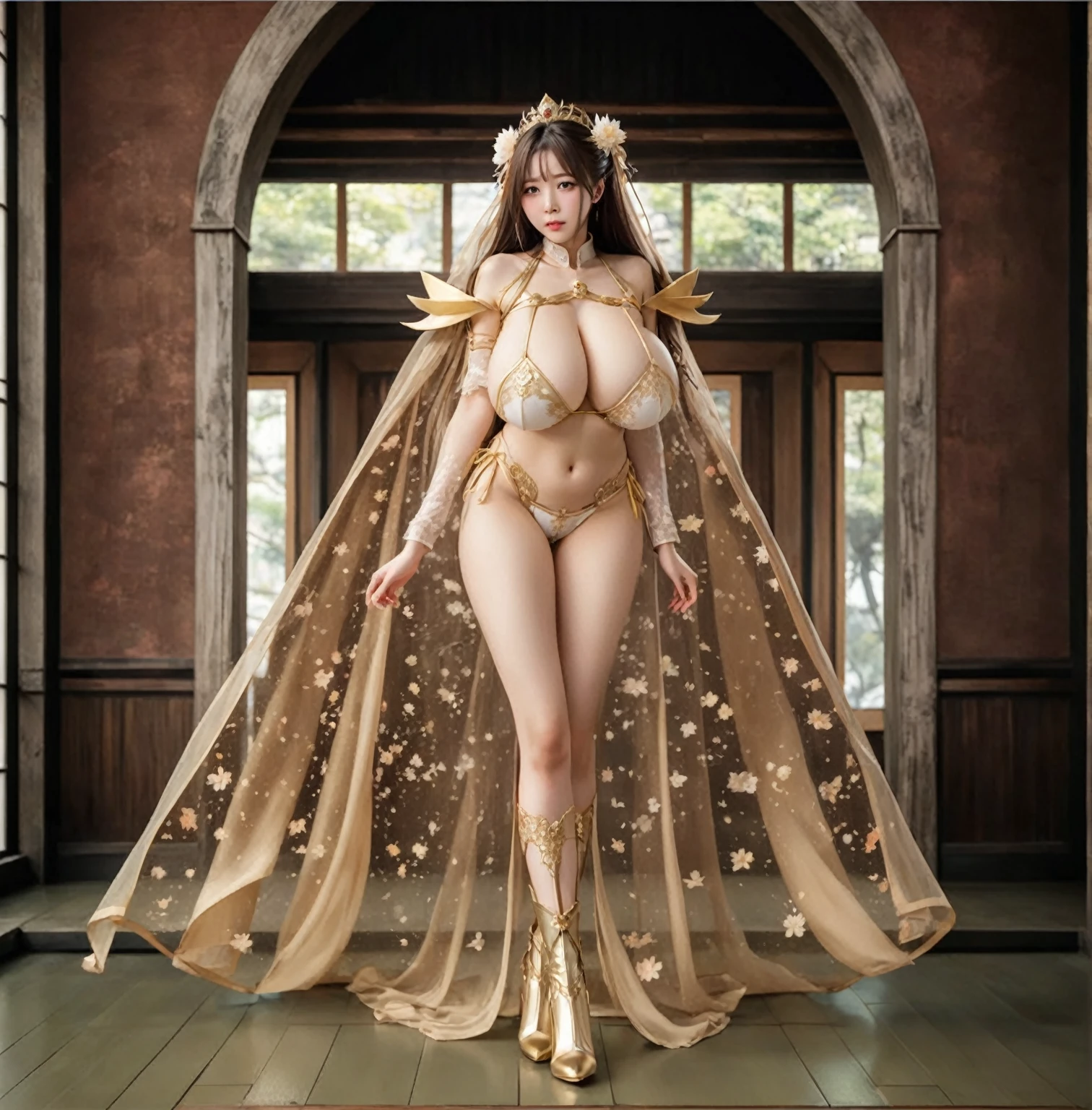 Li Yitong, Long-haired girl,Shy and embarrassed expression, , Beautiful fantasy queen, Strong busty princess, see through lace underwear, Long cloak, metal boots, ((Beautiful fantasy queen)), goddess. Extremely high detail, japanese goddess, anime goddess, Gorgeous role-playing