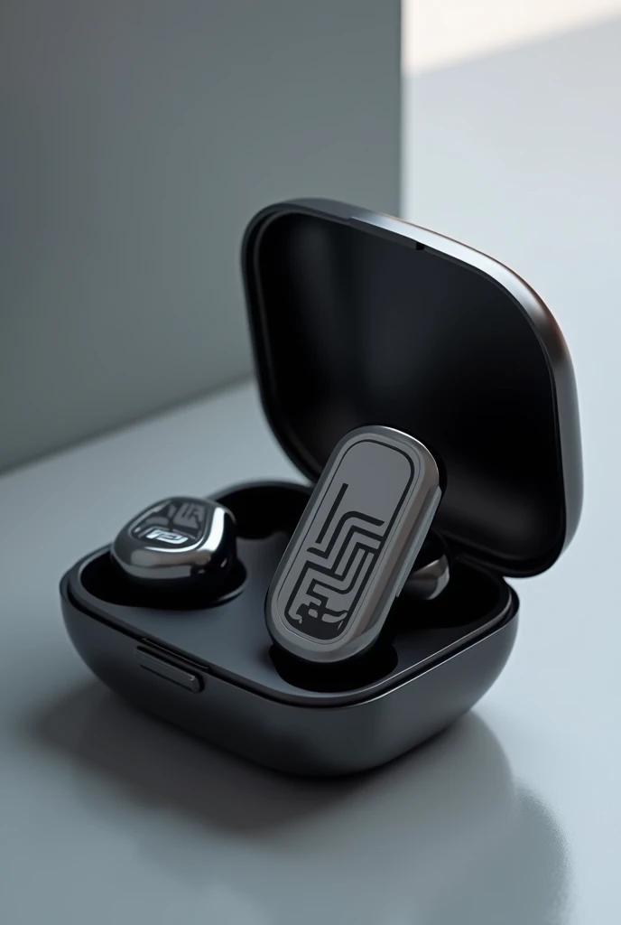 Silver bluetooth headset with charging case, with the letters ( F N ) printed in black and white