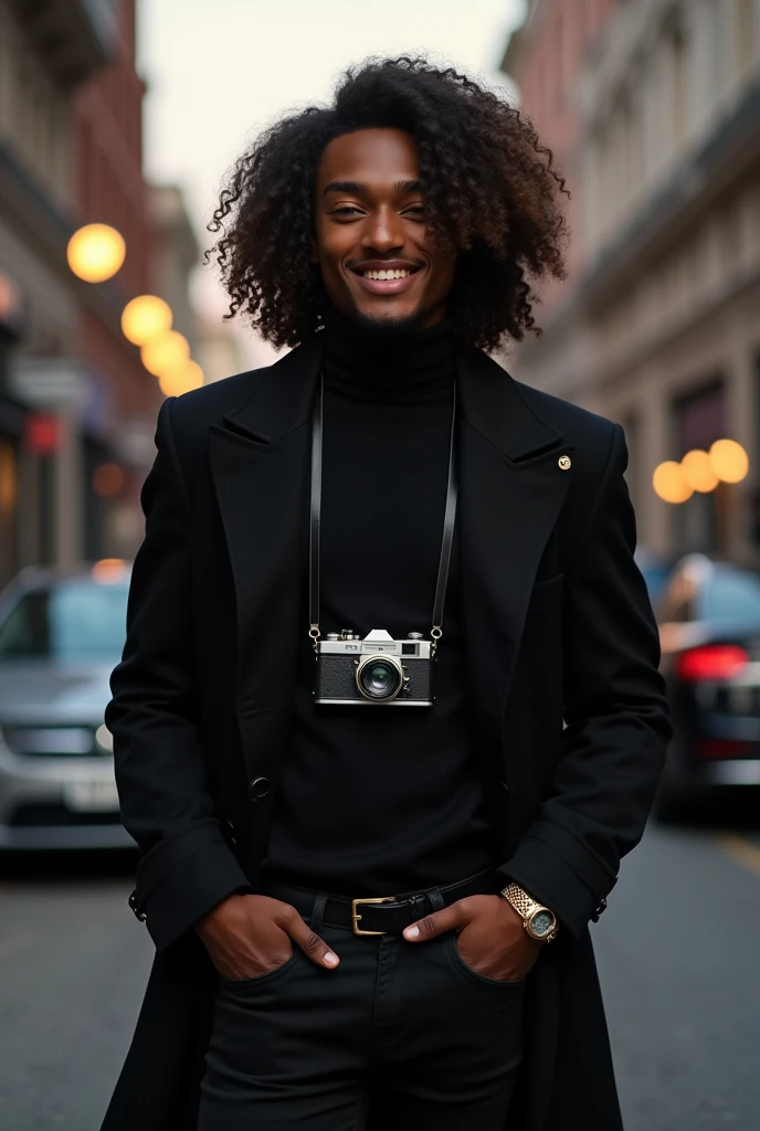 (photorealism:1.2), dark boy, long hair with curls, dimples, sexy smile, High school boy with muscular build, a camera hanging from his neck and half-moon lenses, brown hair and green eyes. unreal beauty. Wear a black turtleneck sweatshirt, black trench coat and black dress pants, like an expensive watch and elegant rings. 
