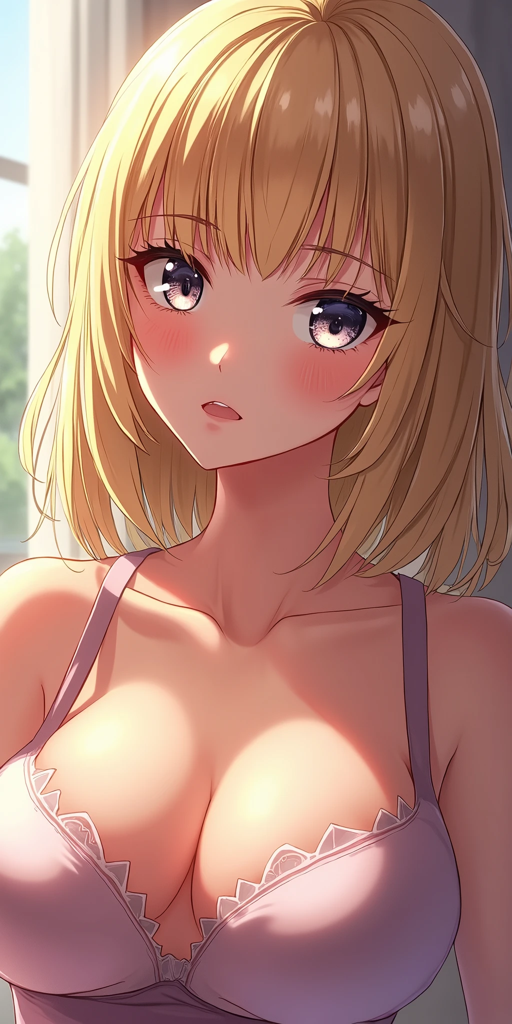 (best quality, ultra-detailed, photorealistic: 1.39), bright and vibrant colors, studio lighting, romantic expression, An effeminate girl, with a delicate and beautiful face. She is a girl who reflects seductive beauty, sparkling eyes, a beautiful woman with her blonde hair, her large breasts seduces, her silver eyes match her parted lips, beautiful pose in the left corner of the image, in the background it says cute and sexy girls, anime style, Anime Bishoujo