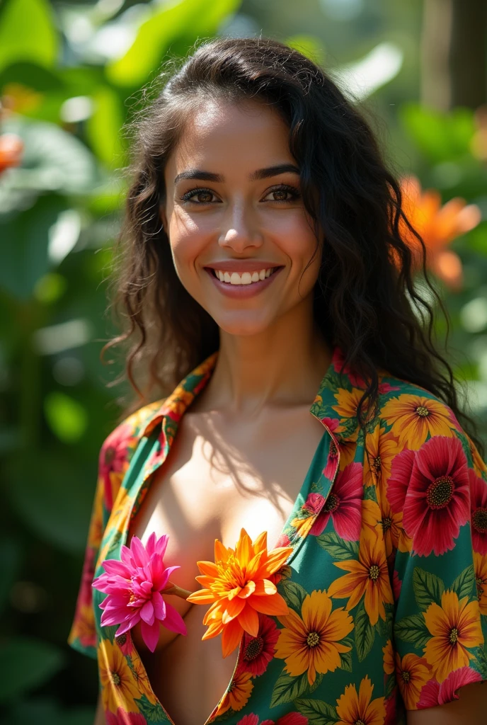 A Brazilian woman in a lush tropical garden, wearing an open shirt with a floral print, with a close-up capturing the harmonious beauty between her breasts and the natural flowers, showing off your natural charm and outgoing personality.