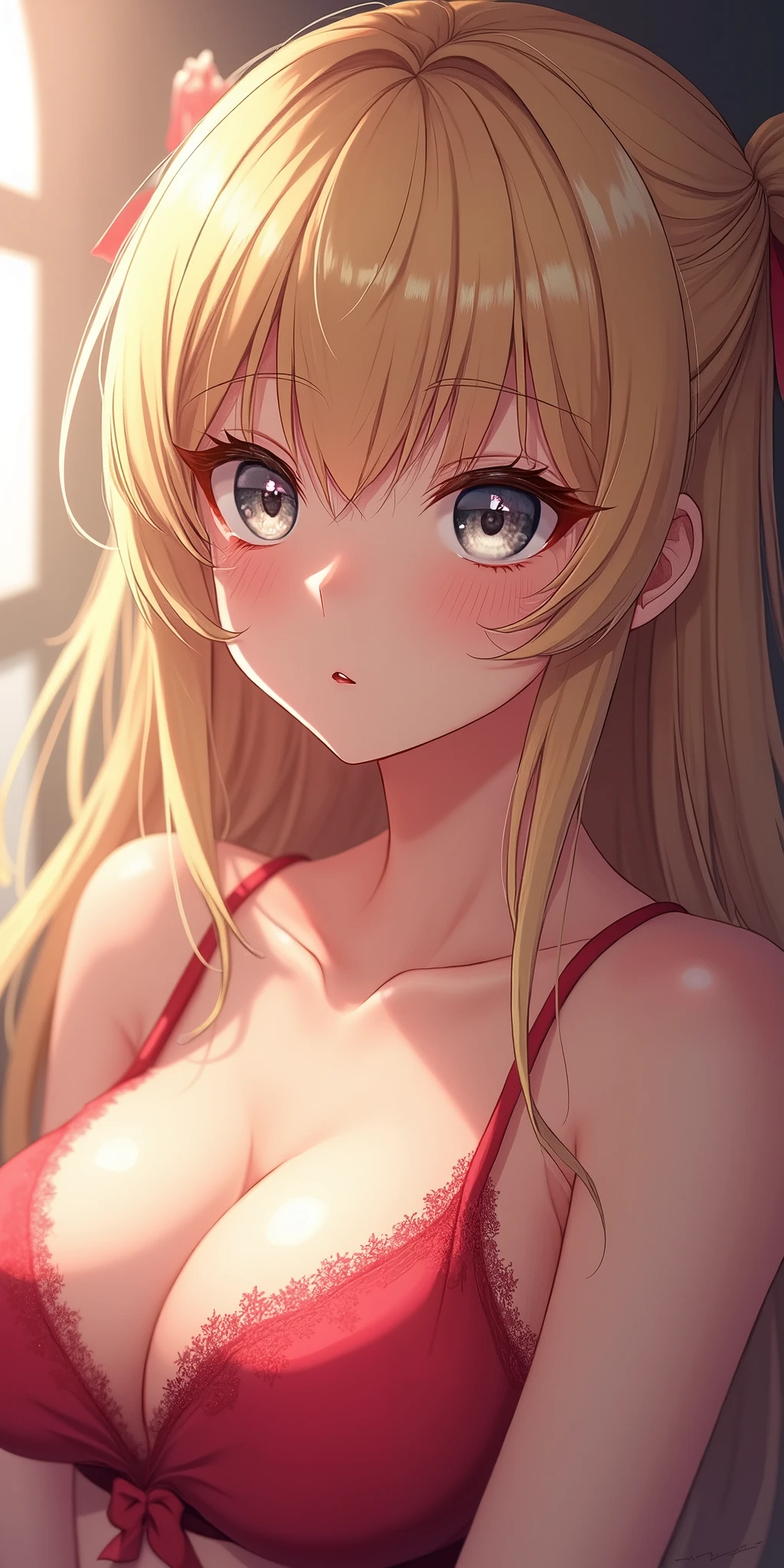 (best quality, ultra-detailed, photorealistic: 1.39), bright and vibrant colors, studio lighting, romantic expression, An effeminate girl, with a delicate and beautiful face. She is a girl who reflects seductive beauty, sparkling eyes, a beautiful woman with her blonde hair, her large breasts seduces, her silver eyes match her parted lips, beautiful pose in the left corner of the image, in the background it says cute and sexy girls, anime style, Anime Bishoujo