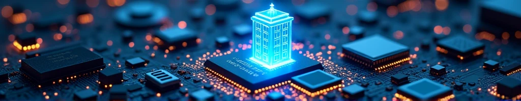 for the cover of LinkedIn a concept of something technological that is part of computer engineering, applying something futuristic and innovative bringing the idea of speed, no character in the picture, only objects, like chips, motherboards, computers, programming language. put a doctor who tardis on top of a processor as if it were a hologram