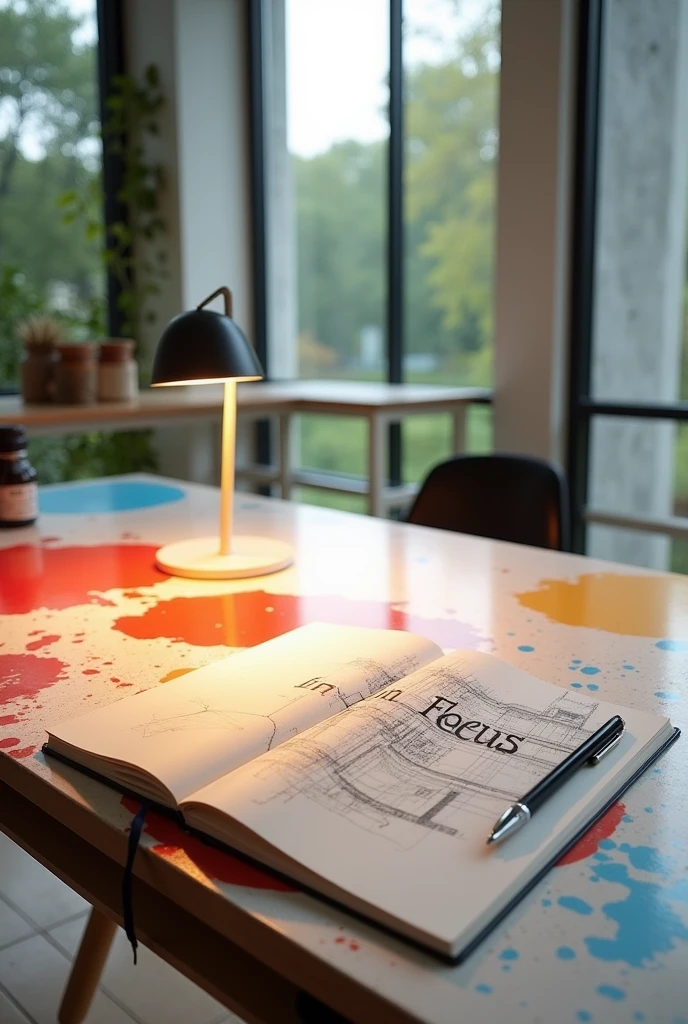 Desk in a minimalist and simple architecture studio with touches of color as Barragan designed, On that desk there is a lamp that illuminates a notebook with sketches and the phrase In Focus
