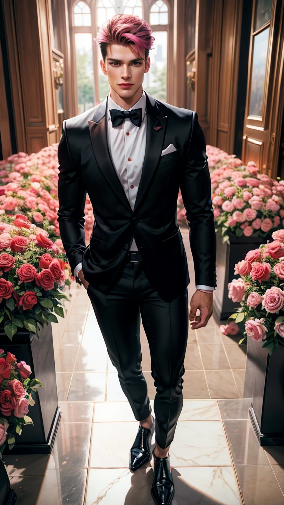 (absurdres, highres, ultra detailed), 1 male, beautiful,handsome, tall muscular guy, smooth skin, sexy gaze, mature, verious red and pink roses around him, the man is standing comfortably in the roses, from directly above, (black formal shirt, black pant), gorgeous, wet, model pose, colorful, artistic, depth of field, focus on his calm facial features, elegant look, looking at the viewers romantically, no suits, no jackets,