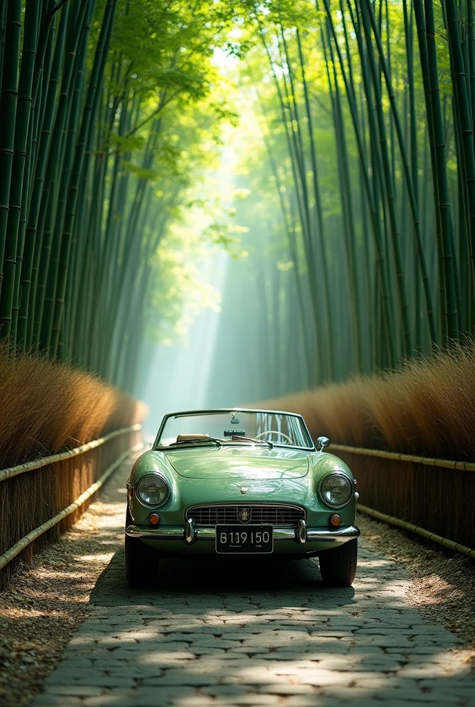 8k,RAW photo, ultra high res, realistic photo, an AC Ace convertible Bristol classic car parked on a path in the Arashiyama Bamboo Forest. The car is a pale metallic green, contrasting beautifully with the lush green of the bamboo. The scene should have a cool, tranquil atmosphere with soft natural light filtering through the bamboo. The background features tall, slender bamboo stalks and a gentle mist, creating a serene and dreamlike ambiance.