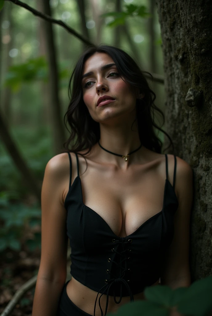 Create the image of a despised woman, sad, but well dressed in a bushy place and crying there let her chest be covered and chest be covered not showing necklines in an Africa outlook, vulva cleavage, big boobs, swollen breasts, swollen vagina, Eroticism, perfect legs, Eroticism, light glow, Focus on the buttocks, from bottom, big boobs, waring a black gothic dress, other pose, (( A large amount of white liquid on the legs)))), ((a large amount of white liquid on the ass)))), stiff hard nipples, showing naked swollen vagina, Show vagina, on couch, sperm on face, a large amount on the face, sweaty, big curvy chest, Viewer from above, completely naked, without cloth, clothless, (( A large amount of white liquid on the legs)))), ((a large amount of  on the ass)))), Showing one's ass
