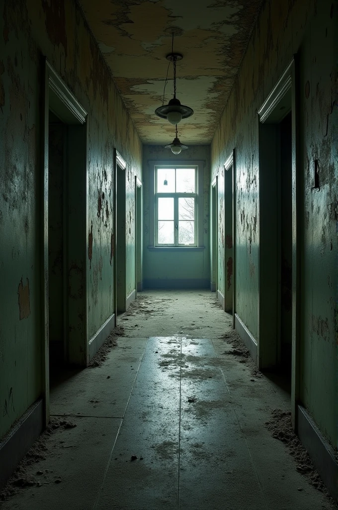 Old abandoned hallway with several doors