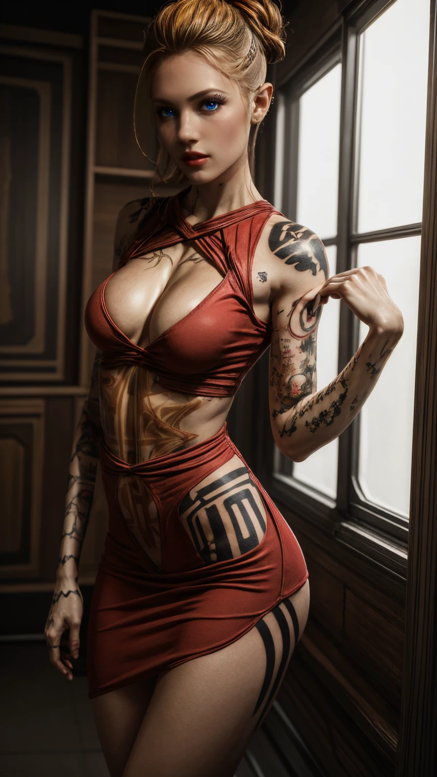 full body portrait, wide angle, a woman in her late 30s, various modeling poses,slim_soft_and_slender build, (very low set breasts:1.4), (small bust:1.4), bodycon dress (red:1.4), honey blonde hair in a messy bun, 8k,masterpiece,strong detailed,vivid colors,studio lighting,extremely detailed tattoos,extremely detailed face and body, perfect posing, perfect anatomy, masseffectembed