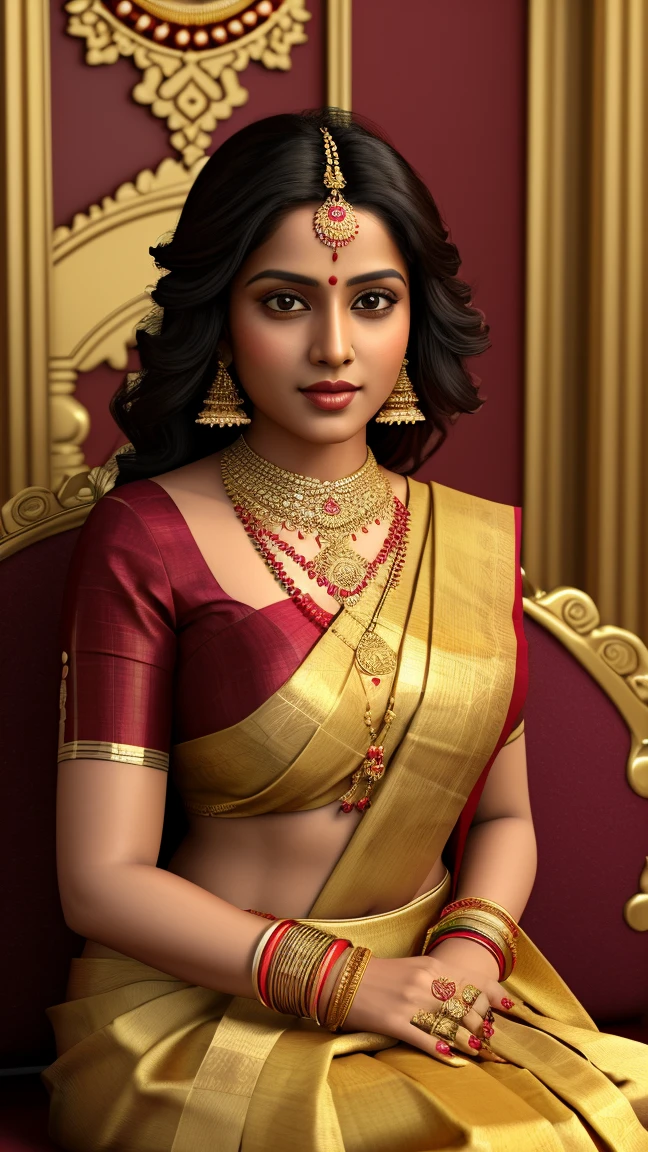 Realistic 3D illustration of seated Maa Lakshmi wearing traditional saree. She has her hair styled and decorated with flowers, wears gold jewellery, including bangles, and is adorned with rich burgundy clothes with intricate gold embellishments. The scene is in front of a plain white background. full body posture