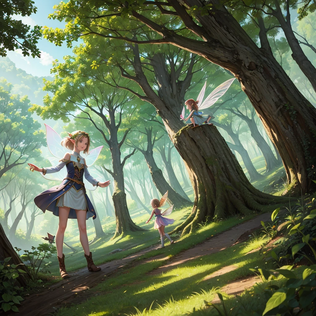 a small flying creature, half fairy and elf.
This is in a mystical world in the middle of the forest.