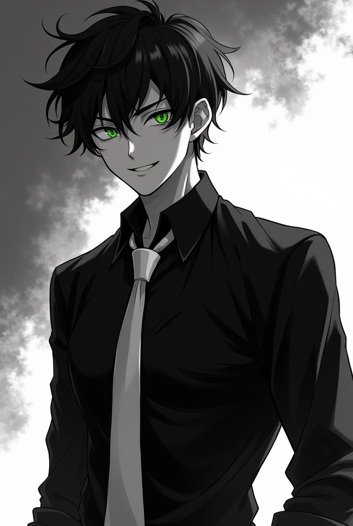 brunette guy, Green-eyed, curly hair, sharp features with a predatory smile. in a black shirt with a white tie. black and white anime.