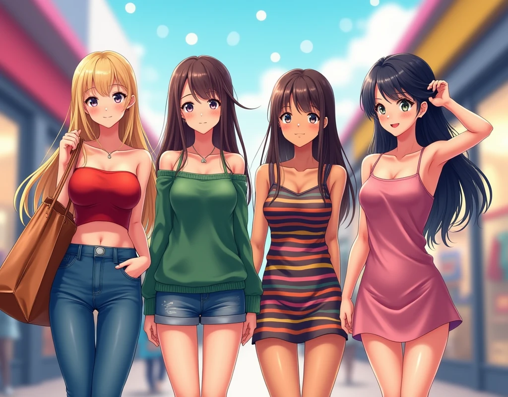 a group of anime girls shopping at a mall, first girl wearing a red tube top and jeans with long blonde hair, the second girl has brown hair and wearing baggy green sweater with shorts carrying a bag on her shoulder, the third girl has black hair and tan skin wearing a tight sleeveless striped dress, both her hands fixing hair and exposing her armpits, the fourth girl has brown ponytail hair with pink tank top that has noodle straps and miniskirt.