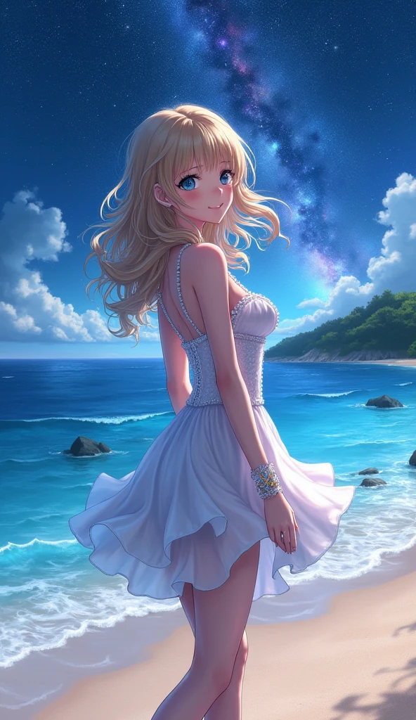 (masterpiece、Highest quality、8k、High resolution)、(The best beautiful girl)、Best Style、(The most beautiful face)、Clear skin、Clean blue eyes、Beautiful lips、Beautiful nose、Blonde Hair、Ample breasts、Walking on the sand、look back、The line of the buttocks is round and beautiful.、Ocean、You can see the forest、A bright night with stars visible、Beautiful starry sky、milky way、(体whole bodyから神秘的な光の粒子、Colorful Light)、The face looks beautiful、(jewelry、necklace)、dress、(whole body)、Highly detailed anime art、A complete portrayal、