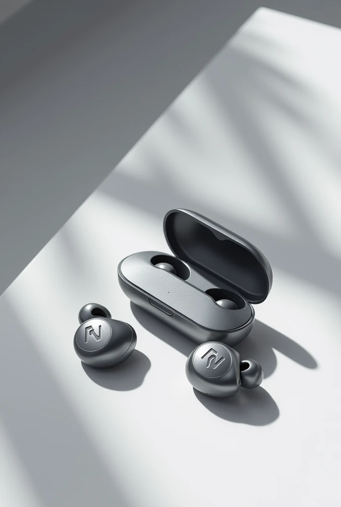 Silver bluetooth headset with charging case, with the letters ( F N ) printed in black and white