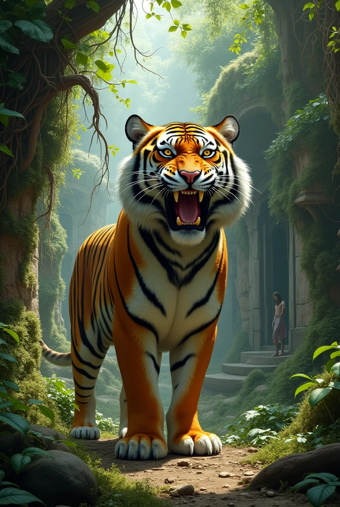 The image shows a gigantic and majestic tiger in an ancient ruined city, now taken by the jungle. The tiger has vibrant orange fur with defined black stripes that run across its lean, muscular body.. His eyes are an intense yellow, radiating an aura of ferocity and dominance. His sharp fangs are visible as he roars, with its paws firmly planted in the ground covered in leaves and roots.The surrounding landscape is an ancient city partially swallowed by vegetation., with moss-covered stone temples and vines twining around the structures. There is a human figure in one of the ruins, highlighting the ancestral presence of the tiger and the grandeur of the scenery. The atmosphere is dense and mystical, with sunlight filtering through the treetops and partially illuminating the ruins. The jungle seems alive, with creature sounds in the background, and the tiger blends perfectly into its surroundings, as a guardian of these forgotten ruins.