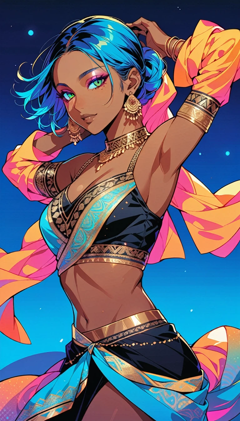 Illustrator, anime , 1 person, ,order, Blue gradient background, Neon Hair,Texture Trim, (masterpiece,Highest quality) Cancer,Bollywood,Indian girl,Brown Skin,Dancing,Brown Skin,night,Album artwork