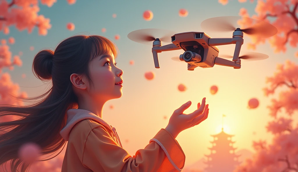 dusk background,(Girl wears VR，Control the drone to fly，AR drawing cartoon characters，Take pictures to record it。Oriental elements)，(Chinese illustration:1.3，paper art:1.3, Quilted paper art:1.2),( reasonable design, Clear lines, High sharpness,Best quality, Very detailed, Masterpiece, movie light effect, 4K )