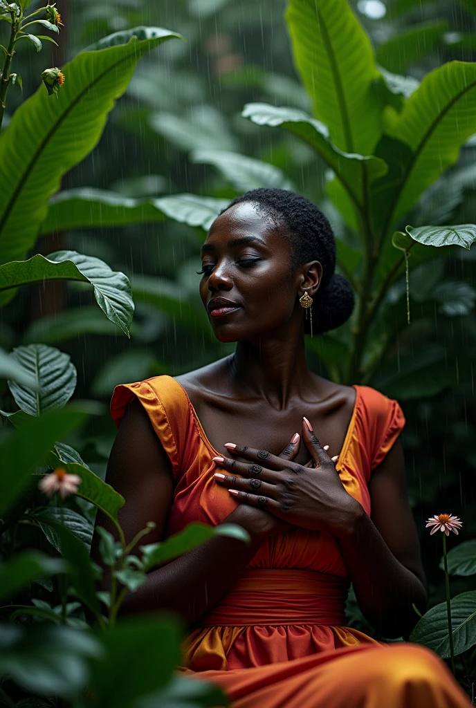 Create the image of a despised woman, sad, but well dressed in a bushy place and crying there let her chest be covered and chest be covered not showing necklines in an Africa outlook