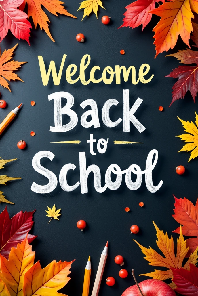 A chalkboard background with colorful chalk drawings of autumn leaves, school supplies, and the phrase "Welcome Back to School," perfect for a first of September theme