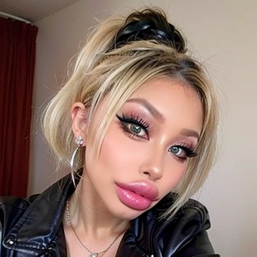 1 girl, simple background, Beautiful face, blonde hair, Cute, bimbolips, huge dimples on the lips, cheekbones, selfie, bang, high ponytail, blonde, Eyeliner, eyeshadow, in room, one hand selfie, necklace, earrings rings, head tilt, in a leather jacket