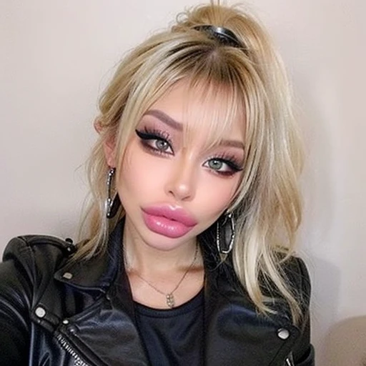 1 girl, simple background, Beautiful face, blonde hair, Cute, bimbolips, huge dimples on the lips, cheekbones, selfie, bang, high ponytail, blonde, Eyeliner, eyeshadow, in room, one hand selfie, necklace, earrings rings, head tilt, in a leather jacket