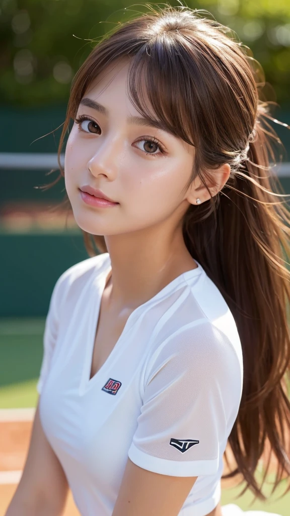 masterpiece, Highest quality, Very detailed, High resolution, (Realistic, photoRealistic:1.37), Excellent anatomy, One beautiful woman,Tennis Girls, A small smile,Play Tennis,Tennis Wear, (shape), Ultra short micro mini skirt, ((Very delicate and beautiful)), (Bokeh, Blurred outdoor background), Brown Hair, Long Hair, bangs,Very beautiful face, Cute type, Big Natural Color Lip, Big and pretty eyes, Brown eyes, Obvious double, Small and cute nose, Brown eyes, Shiny highlight spots around the eyes, Character Focus, Tilt your head, The best light, Best Shadow, mysterious, Perfect Face, Very detailed, Soft Skin, (Glowing Skin, Sweaty: 1.2)'Beautiful feet, Voluptuous thighs, Plump body, Huge breasts, (Expresses the roundness and softness of the chest area.........1), Beautiful body, (The perfect woman),
