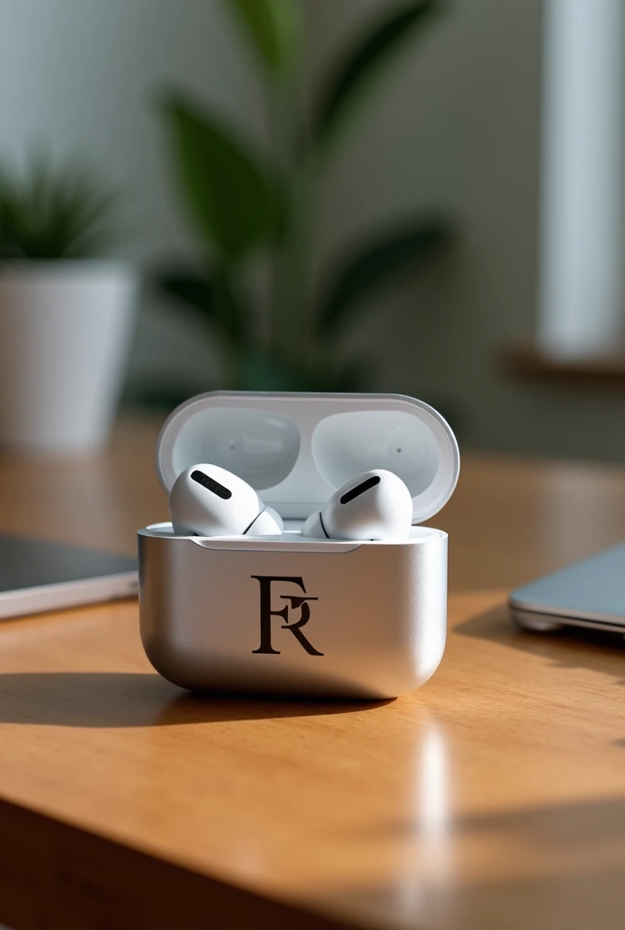Silver bluetooth headset with charging case, with the letters ( F N ) printed in black and white