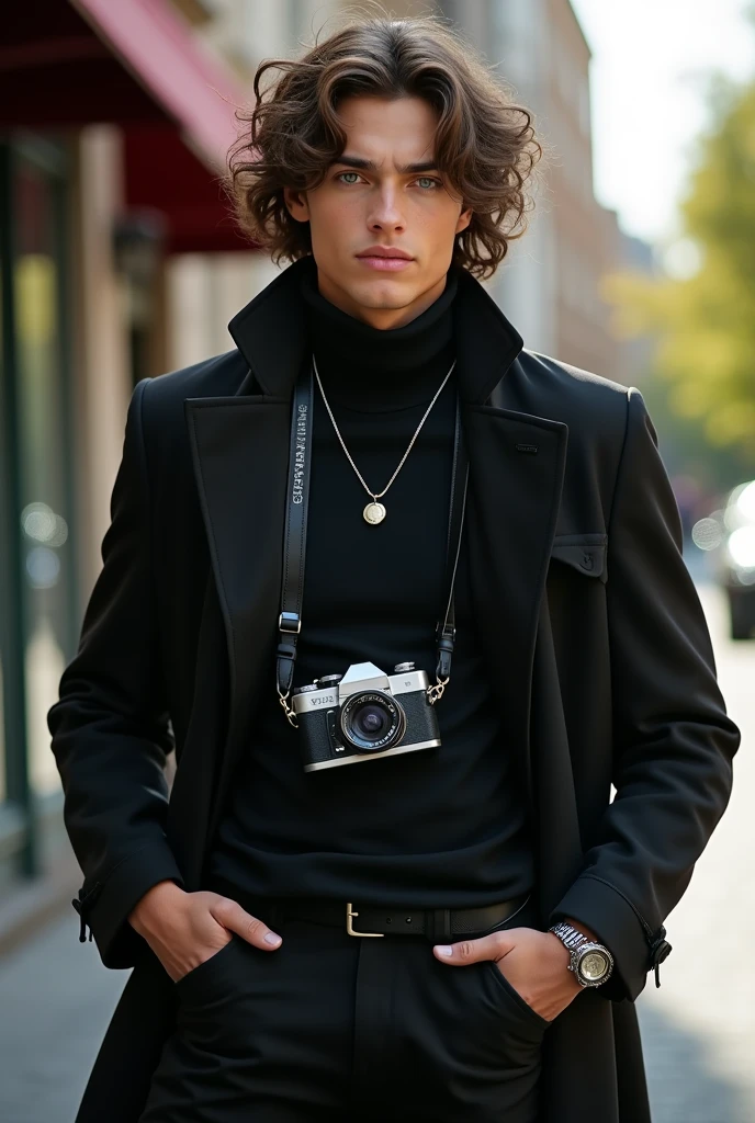 (photorealism:1.2), dark boy, long hair with curls, dimples, sexy smile, High school boy with muscular build, a camera hanging from his neck and half-moon lenses, brown hair and green eyes. unreal beauty. Wear a black turtleneck sweatshirt, black trench coat and black dress pants, like an expensive watch and elegant rings.