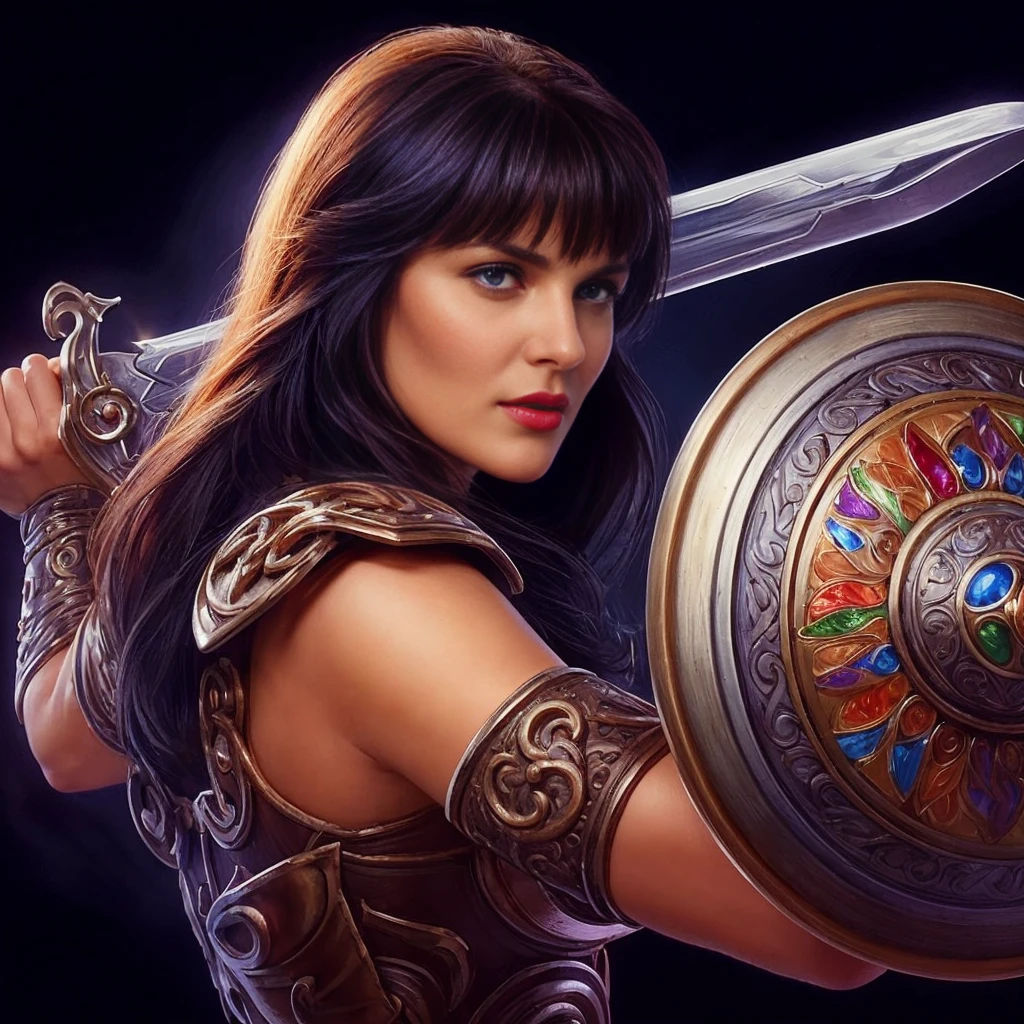 xena, (best qualityer, ultra details), (realisitic:1.37), beautiful and detailed face, ultra-realisitic texture, Exquisite face, Delicate body, red lipgloss stick, long-lasting colors. High definition, 8k.