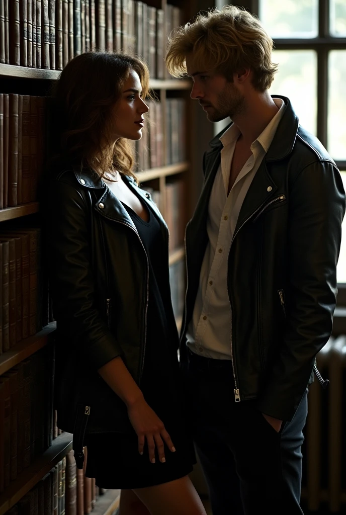 a young woman with brown curly hair, wears a black dress and a leaderjacket from the man. she is pressed against a bookshelf in a library. the man is blond hair and wears a shirt. moon is shining