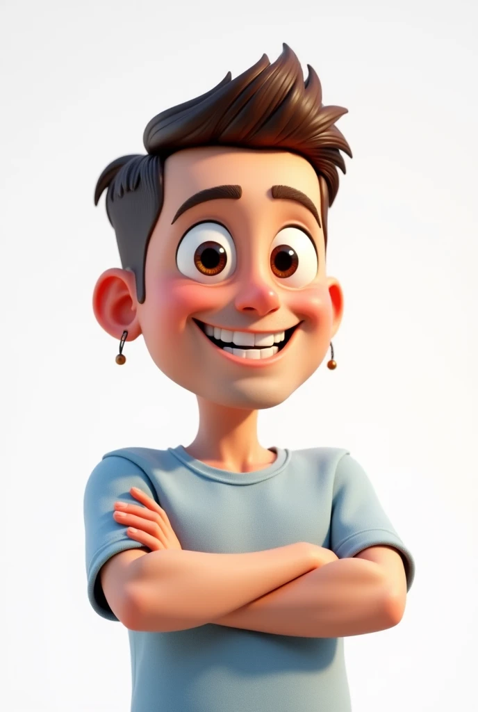 create a pixar-style 3d image with a clean white background of a 33 year old man , beardless white skin , Brown eyes , short square crest haircut with earrings 
