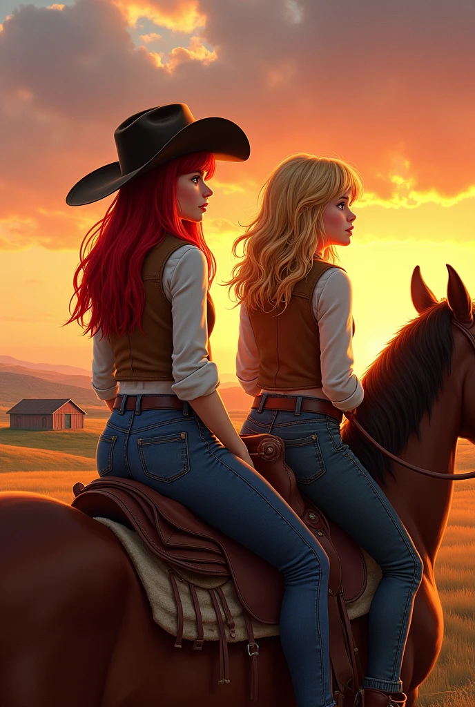 image of two friends each on top of a brown horse one friend is a redhead with straight hair, black eyes and white skin the other is a brunette with wavy hair, blonde highlights, brown skin and black eyes both must be dressed as cowboys they must be facing away from each other on top of the horse looking at the sunset on the farm the image must be in a realistic drawing