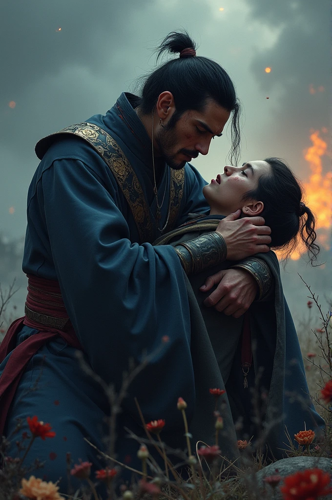 Make a sad image of mortal kombat 1, where Kuai Liang dies in the arms of his older brother Bi han