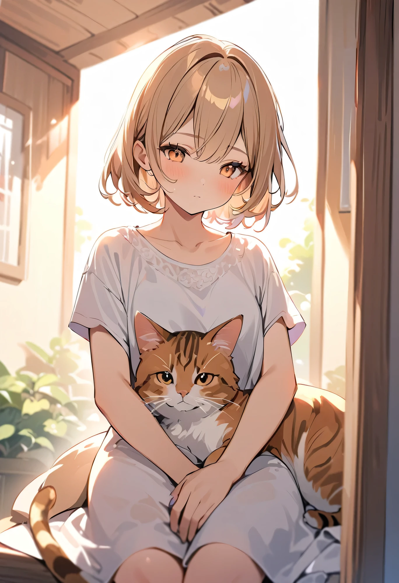 Highest quality、High resolution、Detailed Background、Beautiful face in every detail:、age beauty、Normal number of fingers、Highly detailed face、Detailed eyes、Perfect body line、Light color hair、Braided bob cut、ponytail、Cute gestures、A girl with a gentle gaze、
A brown tabby cat was sleeping peacefully in front of a girl standing in a quiet park.、The girl looks at the cat with a gentle gaze、Slowly approaching, snuggling up、The cat noticed the girl's gentle gesture、He slowly opened his eyes and looked back at the girl.、The girl gently stroked the cat's head, and the cat closed its eyes as if in comfort.、It's enough just to feel each other's presence in silence.、The girl looked at the cat's gentle expression.、She suddenly smiled.、The love for small lives、It was a moment when I felt the preciousness of life.、cute