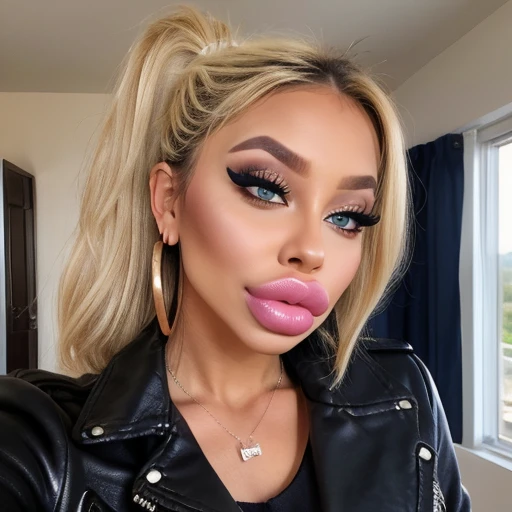 1 girl, simple background, Beautiful face, blonde hair, Cute, bimbolips, huge dimples on the lips, cheekbones, selfie, bang, high ponytail, blonde, Eyeliner, eyeshadow, in room, one hand selfie, necklace, earrings rings, head tilt, in a leather jacket