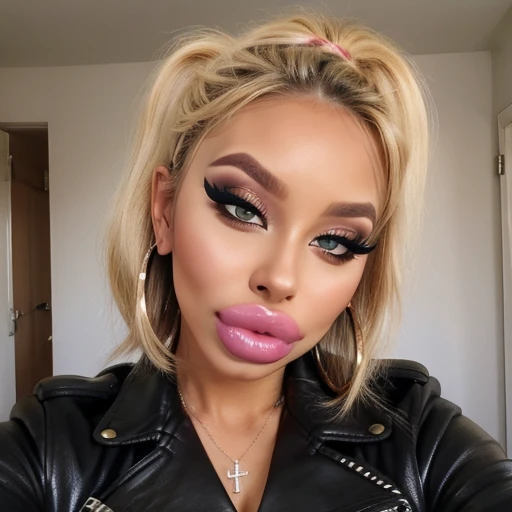 1 girl, simple background, Beautiful face, blonde hair, Cute, bimbolips, huge dimples on the lips, cheekbones, selfie, bang, high ponytail, blonde, Eyeliner, eyeshadow, in room, one hand selfie, necklace, earrings rings, head tilt, in a leather jacket