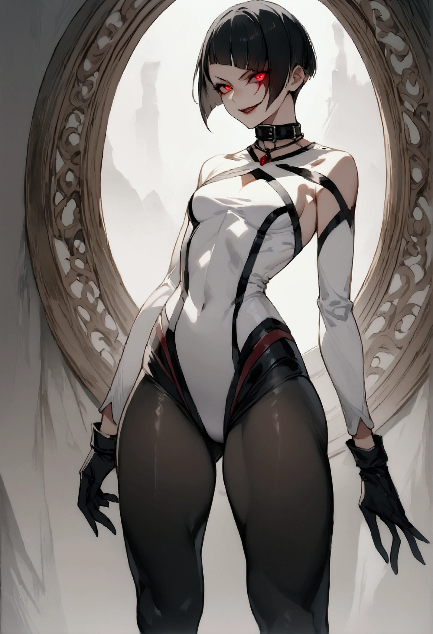 fully body,standing,alone,short hair,work of art,face detailed,young fitness linda,Wearing black pantyhose,tight white sweater with collar ,neckleace,evil smile,red eyes glowing,labiaa,eye shadow,bangs on the eyes,black gloves,