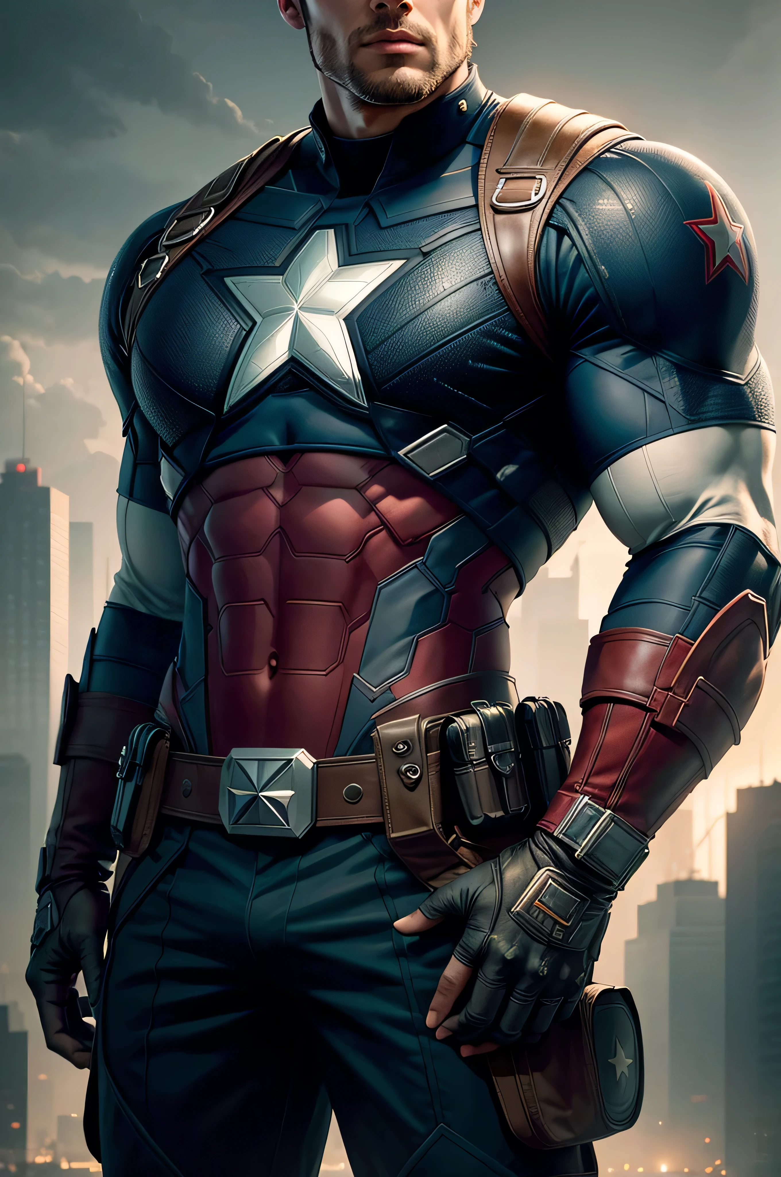 Captain America stands posing, details modern clothing, HDR, UHD, K, highly detailed, professional photography , sketch style, ink scratches, sharp lines, trending on artstation, realistic engine, vivid colors , high resolution scanning, The camera details everything, Moonlight highlights your muscles and scars. The scenery is lush and mysterious, with a dark city and surroundings. The camera details everything.