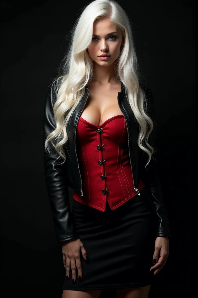 A girl with long white hair,she will wear a red corset and a black leather jacket and a black skirt,I want her standing tall and beautiful with a model face,I want the black background
