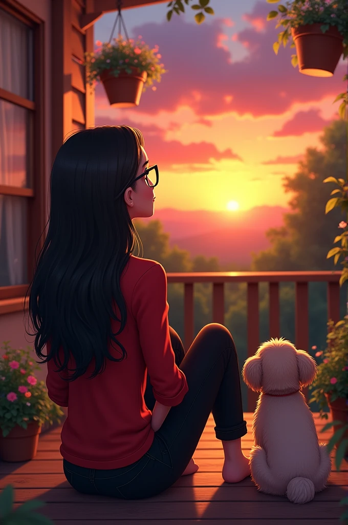 Animated image of a 38-year-old woman with long black hair,Glasses,  height of 1.55 cm dressed in a low-cut red shirt and black pants, sitting next to his small dog watching the sunset on the porch of his house 