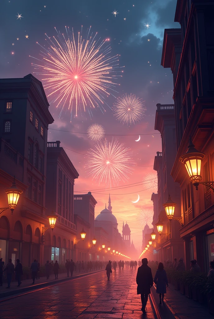 A realistic digital art-style illustration of a ramadan, in the city street, fireworks