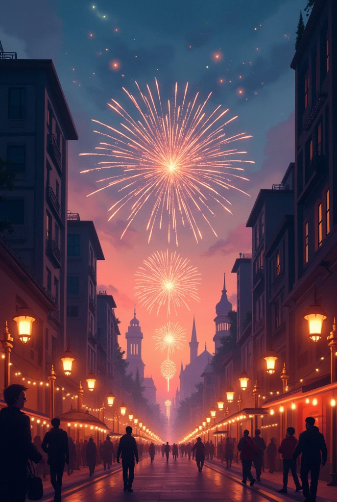 A realistic digital art-style illustration of a ramadan, in the city street, fireworks