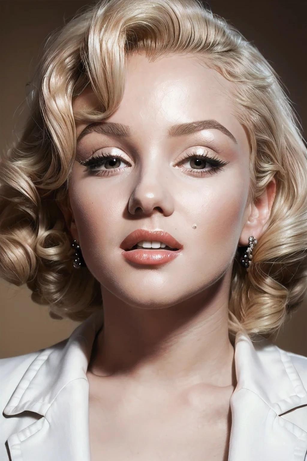 (Masterpiece),8k, ultra high quality, ((young) Marylin Monroe) with (((((small)))+lips)), ((perfect+((small))+(rounded)+nose+(small+nose bridge)+((feminine))+nose)), ((blonde wavy curly hair)), ((brown))+eyes, wearing a beauitful (feminine) (black) blazer, headshot
