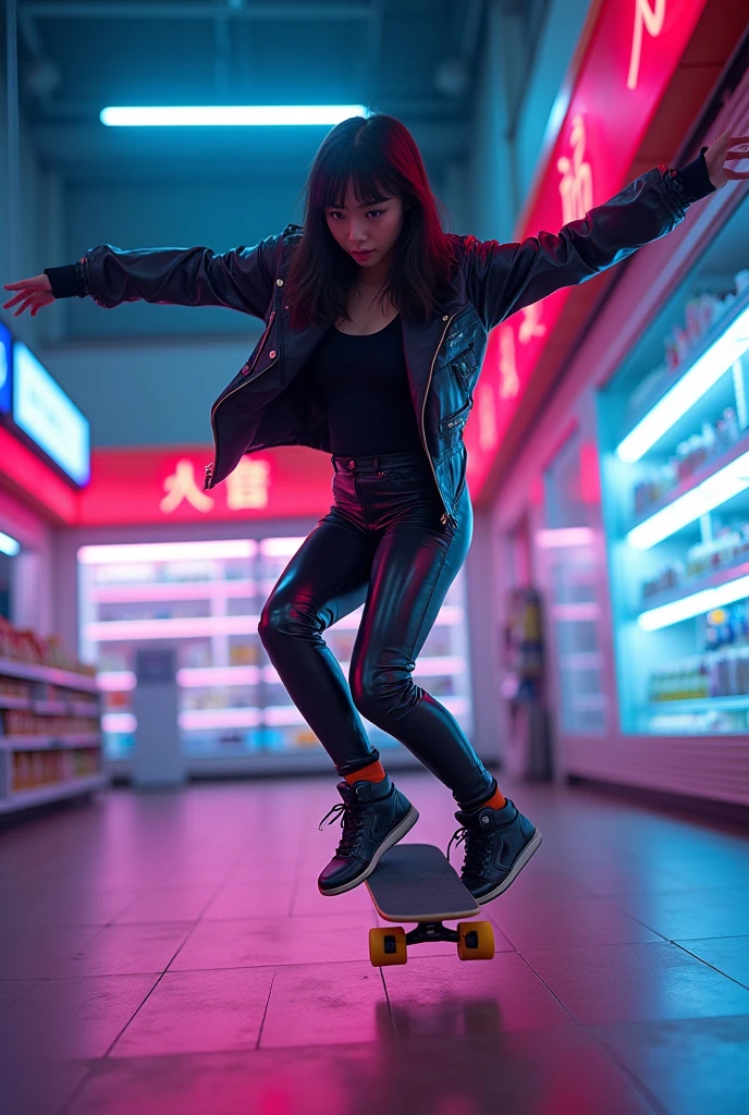 ultra-realistic, photorealistic, dramatic scene, shadow, global-illumination, (20 years old Japanese famous idol girl:1.5), Unconventional skateboarding alone at cyber punk futuristic supermarket, dynamic angle, acrobatic pose, masterpiece, (face focus:1.6), beautiful eyes, Dressed neatly but cyber punk neon suits, very large breasts, beautiful face,
