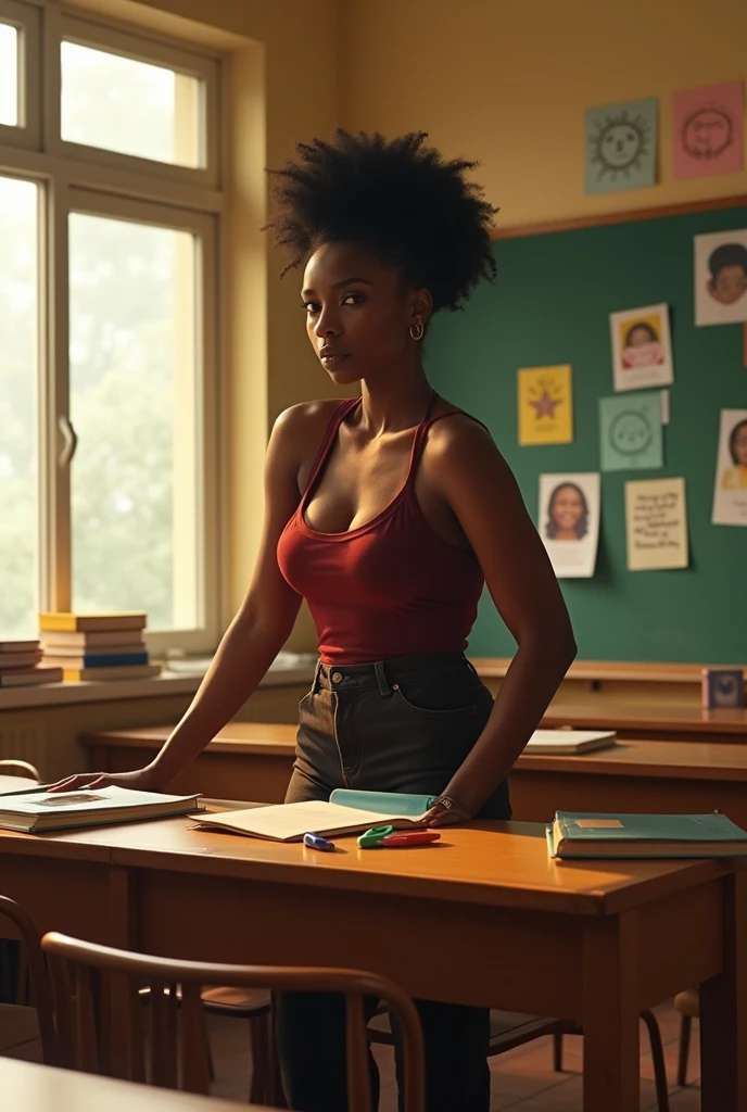 Realistic photo of nude big breasted black woman in a classroom
