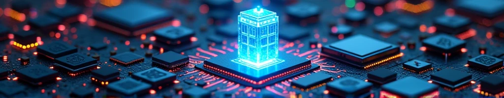 for the cover of LinkedIn a concept of something technological that is part of computer engineering, applying something futuristic and innovative bringing the idea of speed, no character in the picture, only objects, like chips, motherboards, computers, programming language. place a doctor who tardis on top of a processor as if it were a hologram and the tardis aligned with the processor